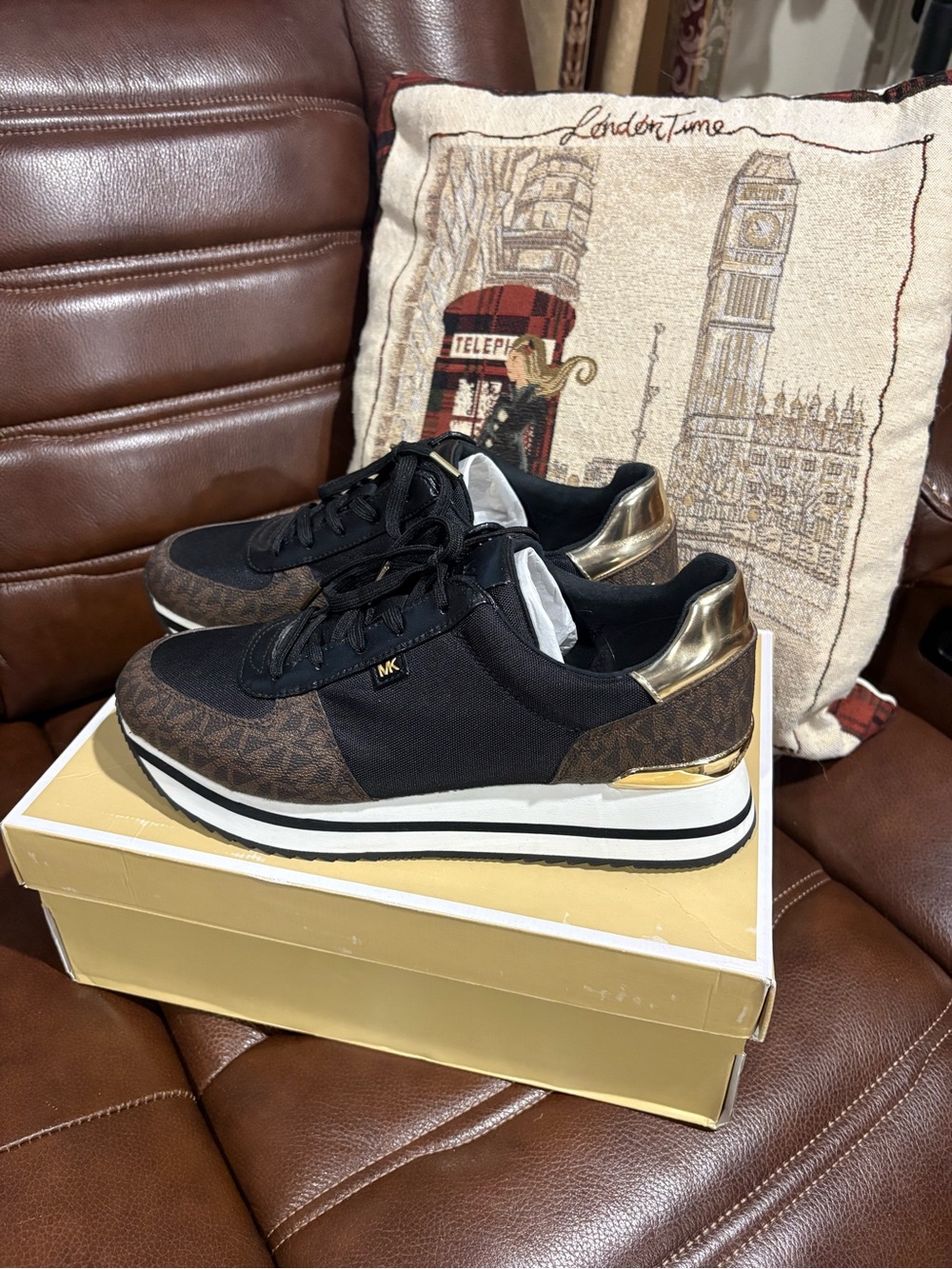 Michael Kors Black and Brown Logo Platform Sneakers with Gold Accents